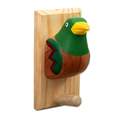 Hand-Painted Cedar Wood Coat Rack with Green Bird
