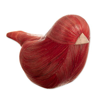 Handmade Cedar Wood and Natural Fiber Bird Figurine in Red