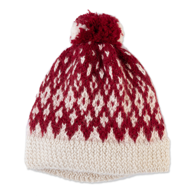 100% Alpaca Crocheted Hat in Red and White Handmade in Peru