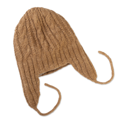 100% Alpaca Chullo Hat in Beige Hand-Knitted in Peru