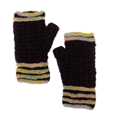 100% Alpaca Striped Fingerless Mitts Hand-Knitted in Peru