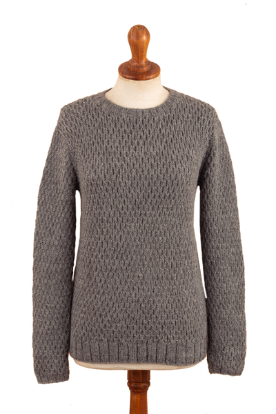 Grey Pullover Hand-Knit from 100% Baby Alpaca in Peru
