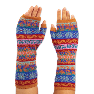 Patterned 100% Baby Alpaca Fingerless Mitts Knitted in Peru