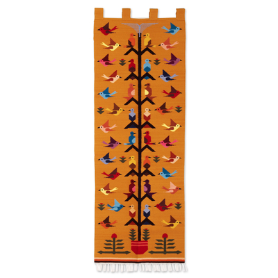 Handwoven Bird-Themed Brown Wool and Cotton Blend Tapestry