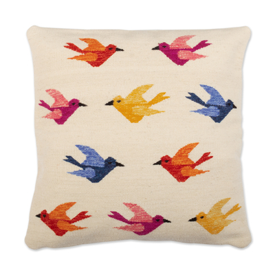 Bird-Themed Ivory Wool Cushion Cover with Colorful Details