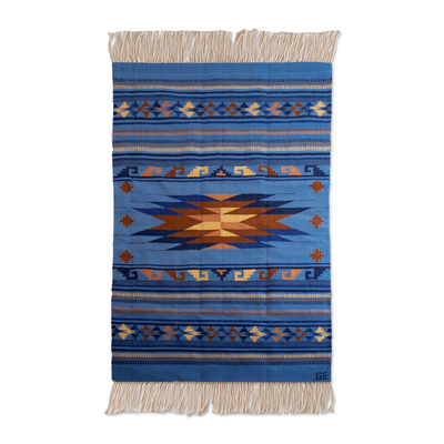 Handloomed Wool Rug in Blue with Geometric Motifs (4x6)