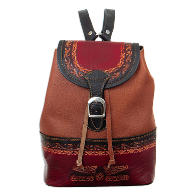 Handmade Leather Backpack with Traditional Embossed Motifs