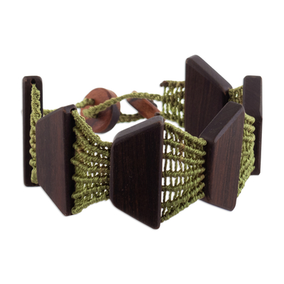 Geometric Wood and Nylon Macrame Wristband Bracelet in Green