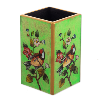 Bird-Themed Reverse-Painted Wood Pen Holder in Green