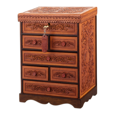 Handcrafted Traditional Brown Wood and Leather Jewelry Box