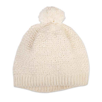 Milk White 100% Alpaca Knit Hat with Pompom Made in Peru