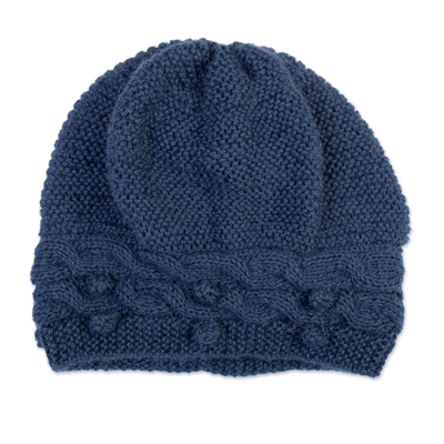 Cable Knit Blue 100% Alpaca Hat Handcrafted in Peru