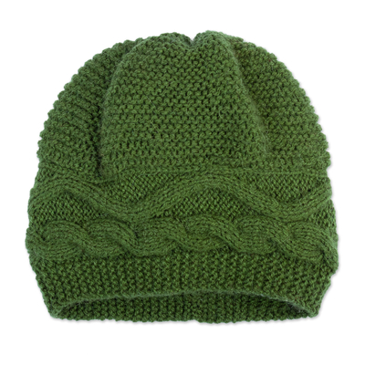 Emerald Alpaca Blend Knit Hat with Cable Stitch Stripe