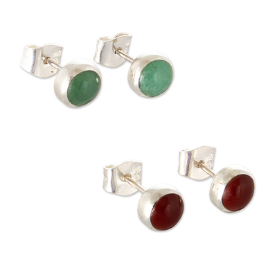 Polished Button Earrings with Aventurine and Jasper (Pair)