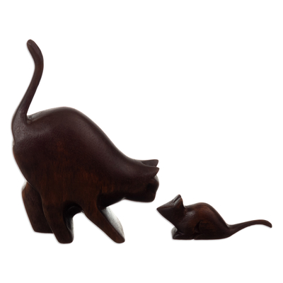 Cat and Mouse Cedar Wood Sculptures from Peru (Set of 2)