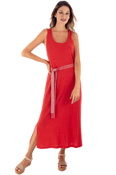 Red Acrylic and Cotton Midi Dress with Jacquard Belt
