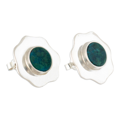 Polished Floral Button Earrings with Natural Chrysocolla