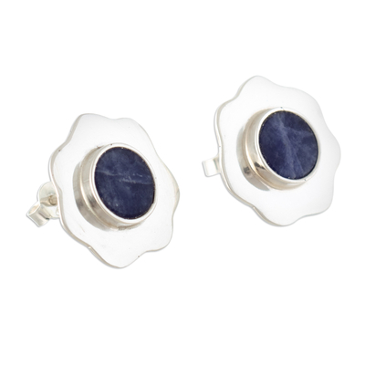 Polished Floral Button Earrings with Natural Sodalite Gems