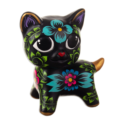 Traditional Andean Ceramic Sculpture of a Black Feline