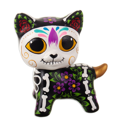 Day of the Dead-Inspired Ceramic Sculpture of a Black Cat