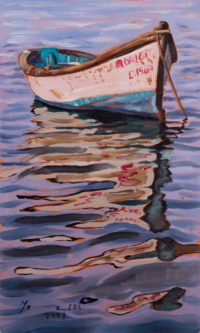 Unstretched Impressionist Oil Painting of Boat in Cool Hues