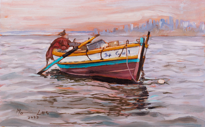 Unstretched Impressionist Oil Painting of Colorful Boat