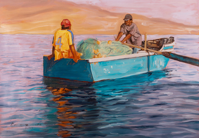 Unstretched Impressionist Oil Painting of Fishermen at Sea