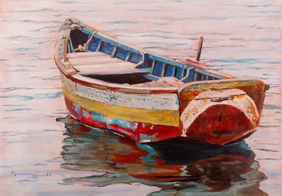 Unstretched Impressionist Oil Painting of Boat and Sea