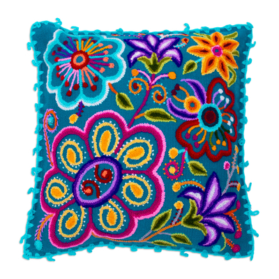 Embroidered Acrylic and Alpaca Blend Cushion Cover in Azure