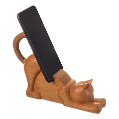 Cat-Themed Hand-Carved Cedar Wood Phone Holder from Peru