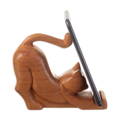 Cat-Themed Handcrafted Cedar Wood Phone Holder from Peru
