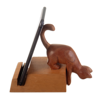 Hand-Carved Cat-Themed Brown Cedar Wood Phone Holder