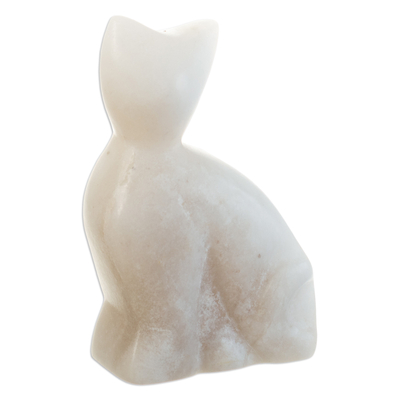 Hand-Carved Natural Alabaster Stone Cat Figurine from Peru