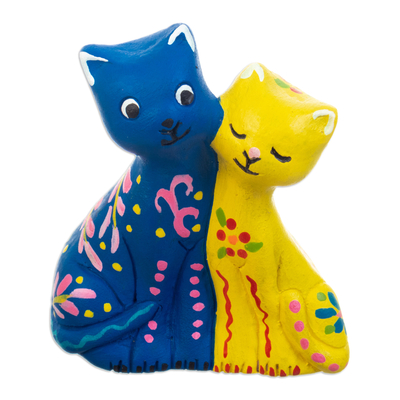 Handcrafted Blue and Yellow Cat-Themed Ceramic Figurine