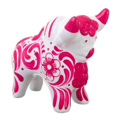 Traditional Floral Pink Ceramic Bull Sculpture from Pucara
