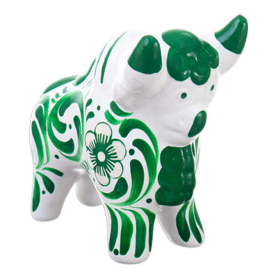 Traditional Floral Green Ceramic Bull Sculpture from Pucara