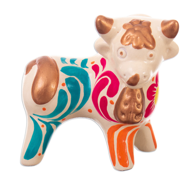 Andean Floral Ceramic Bull Sculpture in an Ivory Base Hue