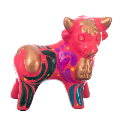 Andean Floral Ceramic Bull Sculpture in a Pink Base Hue