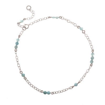 Sterling Silver Station Anklet with Aquamarine Stone