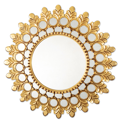 Golden-Toned Classic Wood Wall Mirror in Golden Hues