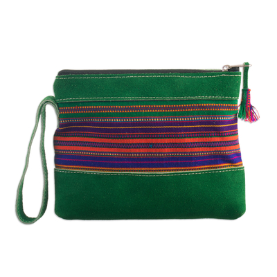 Handcrafted Green Suede Wristlet with Andean Cotton Textile