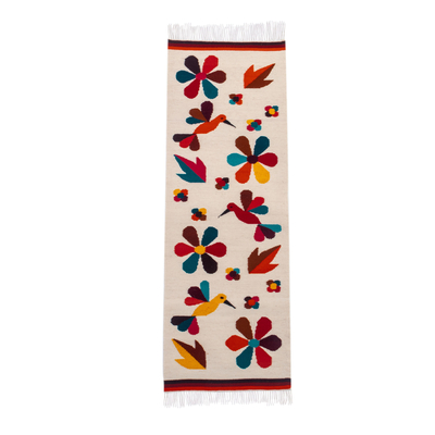 Flower and Bird-Themed Handwoven Wool Blend Table Runner