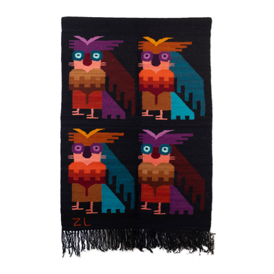 Owl-Themed Handloomed Black Wool and Cotton Blend Tapestry