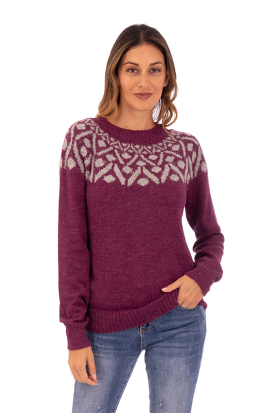 Geometric Burgundy and Grey 100% Alpaca Pullover Sweater