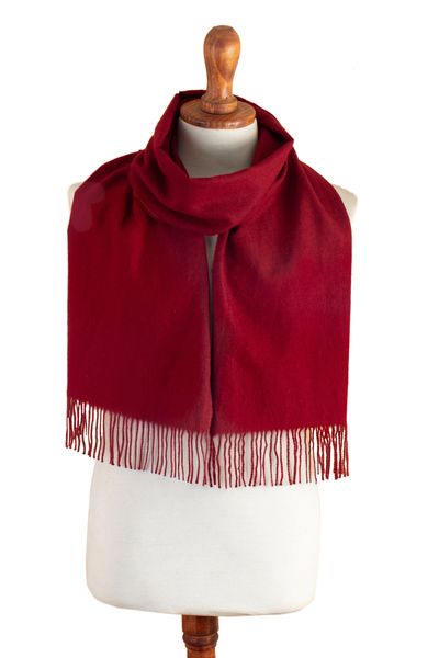 100% Alpaca Fringed Scarf in Red Hand-Woven in Peru