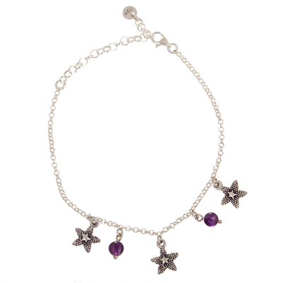 Sterling Silver Starfish Charm Bracelet with Amethyst Stone