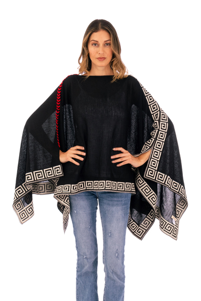 Handwoven 100% Baby Alpaca Poncho in Black and Ivory