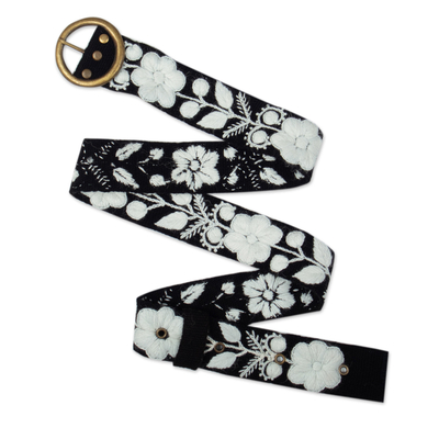 Black & White Hand-Woven & Hand-Embroidered Floral Wool Belt