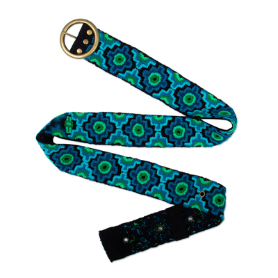 Chakana-Themed Turquoise and Green Embroidered Wool Belt
