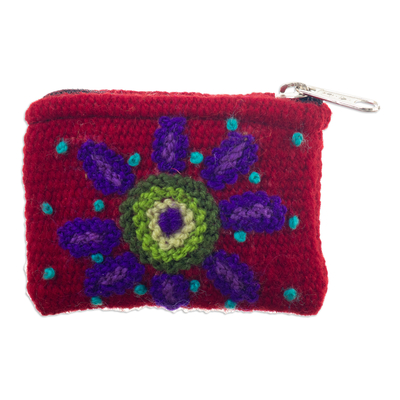 Handloomed Floral Burgundy Wool Coin Purse from Peru